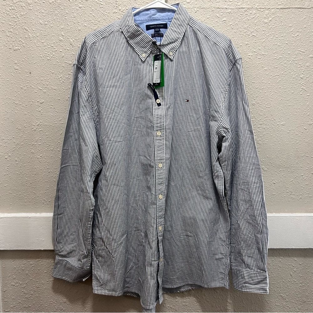 Tommy Hilfiger Blue and White Striped Button Down Shirt NWT XXL